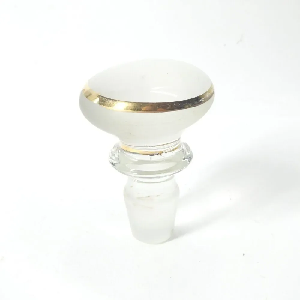 Vintage Glass Mushroom Knob Stopper Clear w/ Gold Band Bottle Decanter